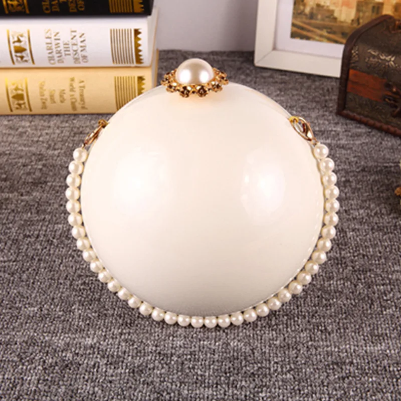 White Acrylic Pearl Wristlets Clutch Bags For Women Round Diamond Evening Party Handbag Metal Chain Shoulder Round Ball Bag Box