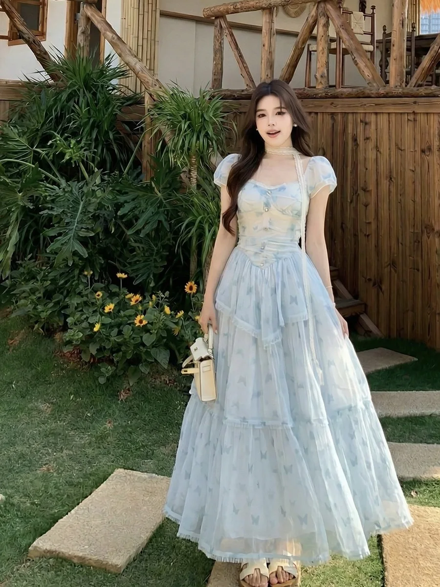 

plus Size Floral Patchwork Lace Bubble Sleeve Dress Women's Summer New Holiday Style A-Line Skirt Commute Wind Slimming Type