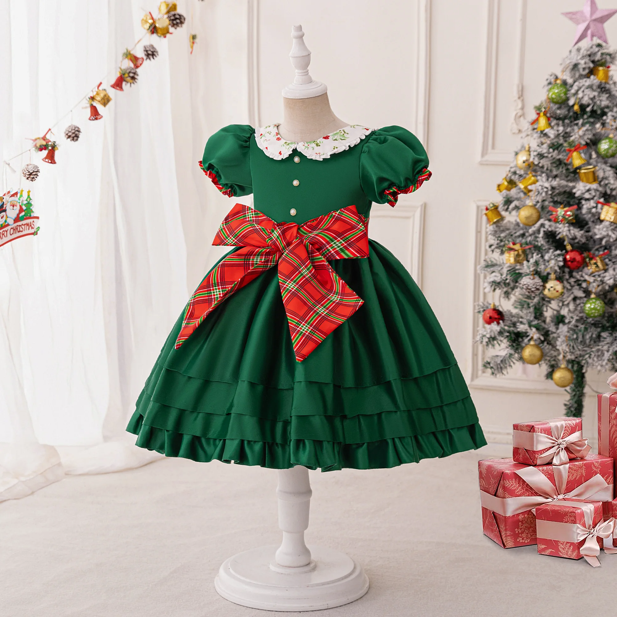 Elegant Plaid Bow Christmas Girls Party Dress Green Carnival Costume Flower Wedding Princess Dresses Birthday Prom Kids Clothing