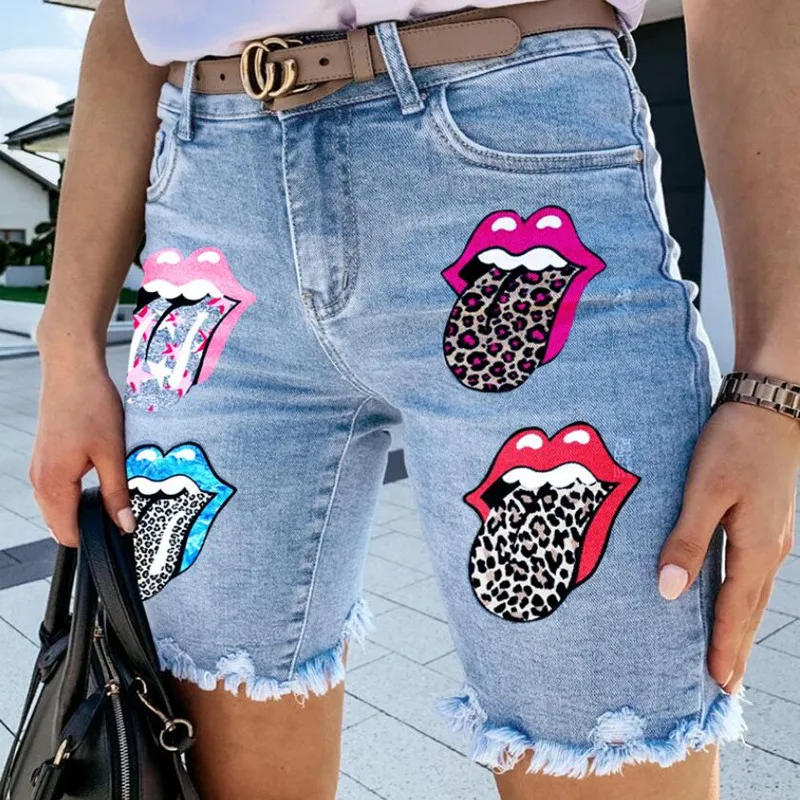 Streetwear Tongue Out Pattern Skinny Stretch Printed Denim Shorts Women Summer New Fashion Y2K Five-Point Jeans s245