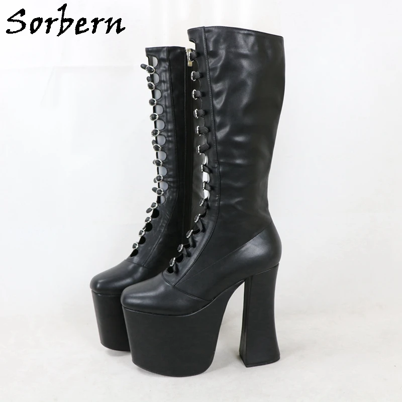 Sorbern Black Matte Knee High Women Boots Gladiator Style Thick Block Heel Shoes Custom Boot Size 33-48 Multi Colors