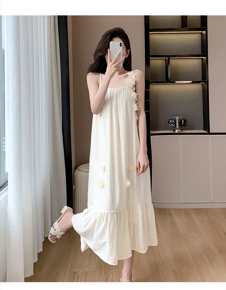 Summer Three-dimensional Flowers Embroidery Loose A-line Halter Dress Women Sleeveless Knee-length Beach Dresses Female