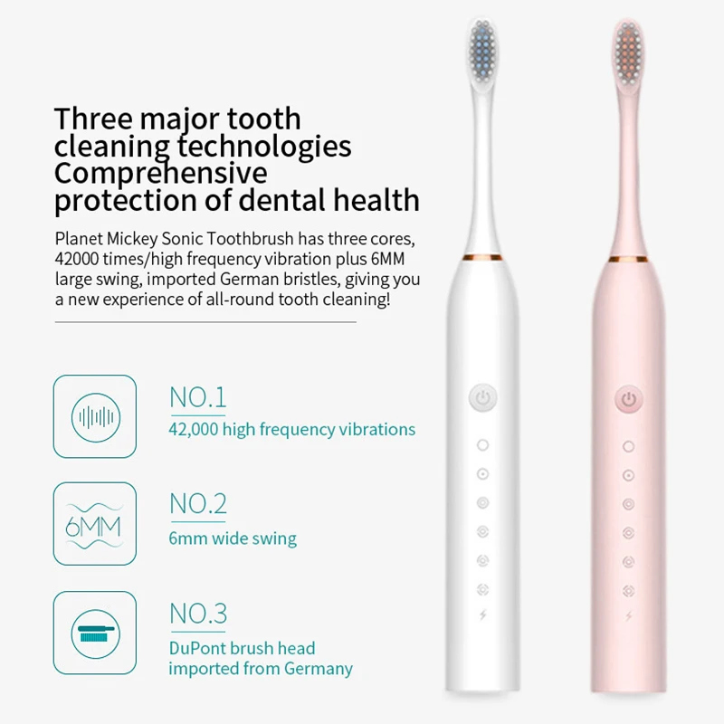 WDD-A1 فرشاة أسنان صوتية بالكهرباء USB تهمة قابلة للشحن الكبار مقاوم للماء الأسنان الإلكترونية 4 فرش استبدال رؤساء