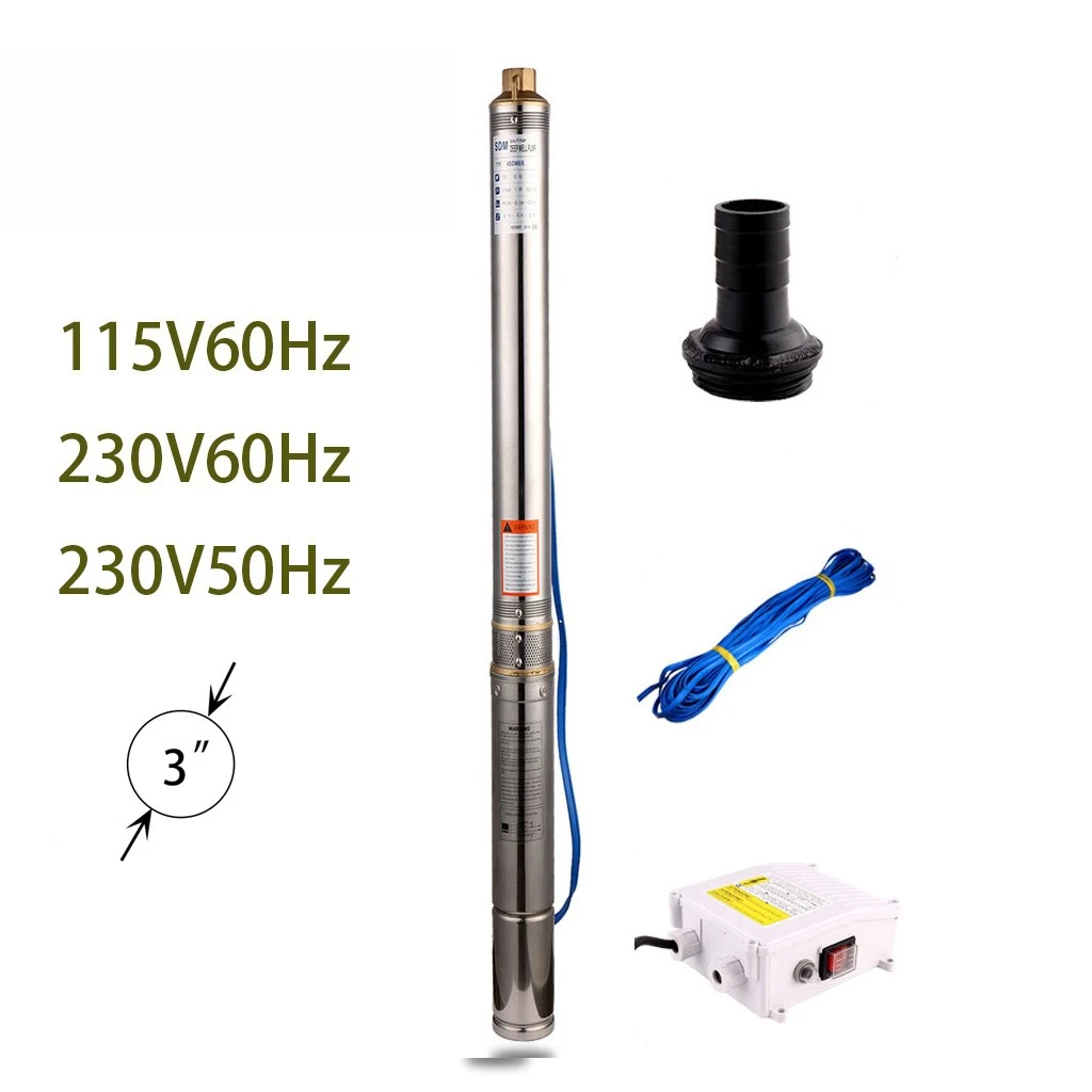 Deep Well Submersible Water Unit 1HP Stainless Steel 3 Inch Electric 220V 60Hz for Home 1 Inch Small Diameter Deep Water 116m