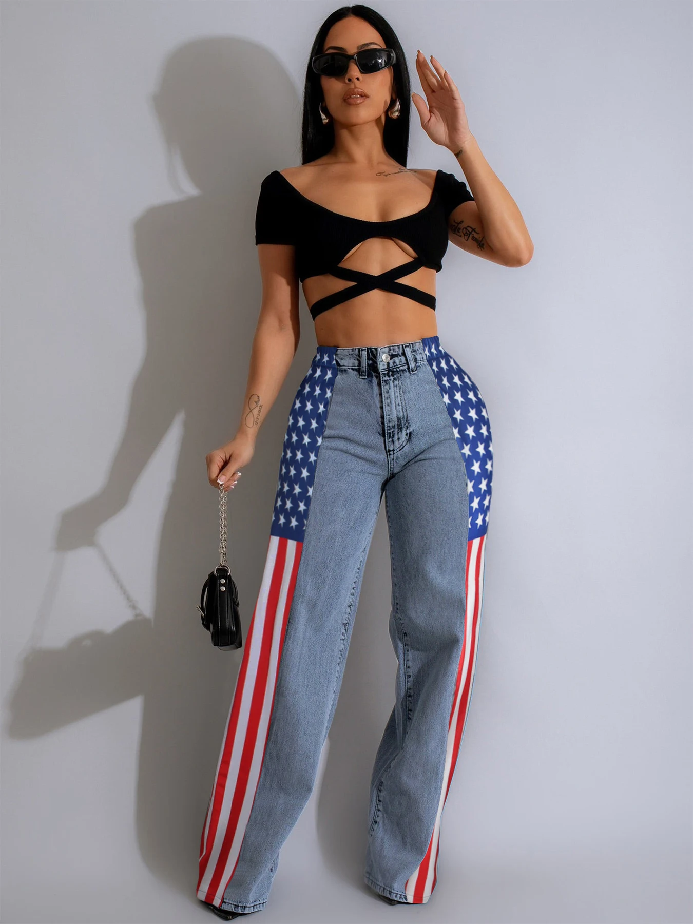 Fashionable American Flag Print Stretch Wide Leg Denim Trousers Women's Casual High Waist Straight-Leg Jeans