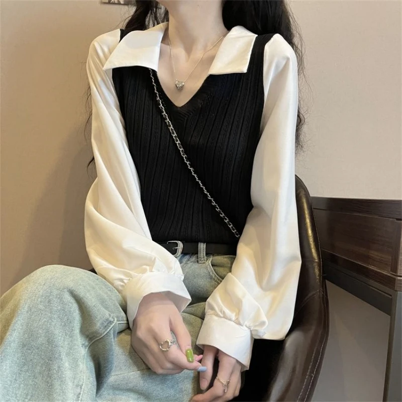 Spring Autumn Fake Two  Pullover Women Solid Color Casual Pullover Long Sleeve Slim Top Light Breathable Fast Drying Gentle