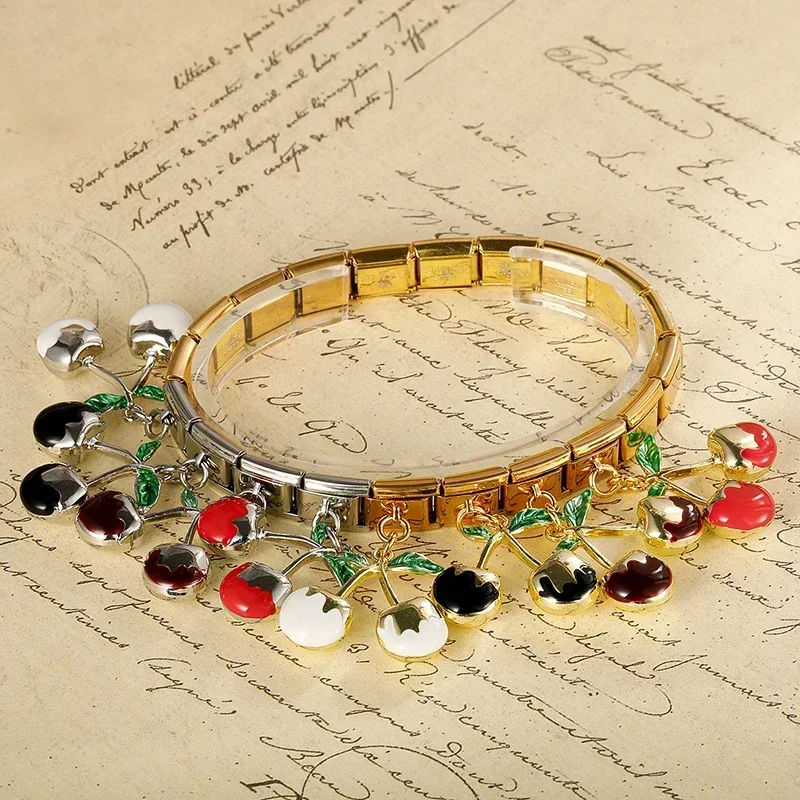 Hapiship 2024 Fashion New Women Gift Fruit Cherry Charm Italian Link Fit 9mm Bracelet Stainless Steel Making DIY Jewelry DJ745