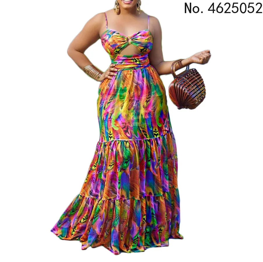 Vestido largo elegante con tirantes finos para mujer, cintura alta, ajuste oscilante grande y acampanado, vestido bohemio Sexy para playa, 2024