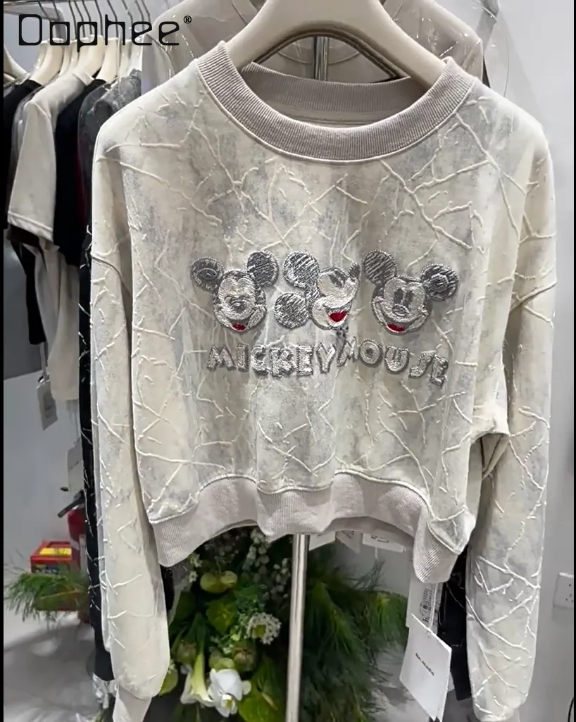 

European Goods Heavy Embroidery Loose Short Sweatshirt for Women American Retro Pullover Top Round Neck Long Sleeve Tops
