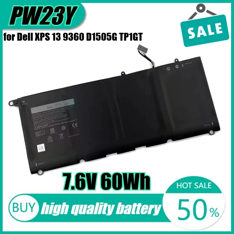 

7.6V 60Wh PW23Y Laptop Battery for Dell XPS 13 9360 13-9360-D1605T D1505G TP1GT RNP72