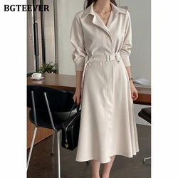 BGTEEVER Casual Turn-down Collar Long Sleeve Female A-line Dress Autumn Vintage Slim Waist Belted Women Dress