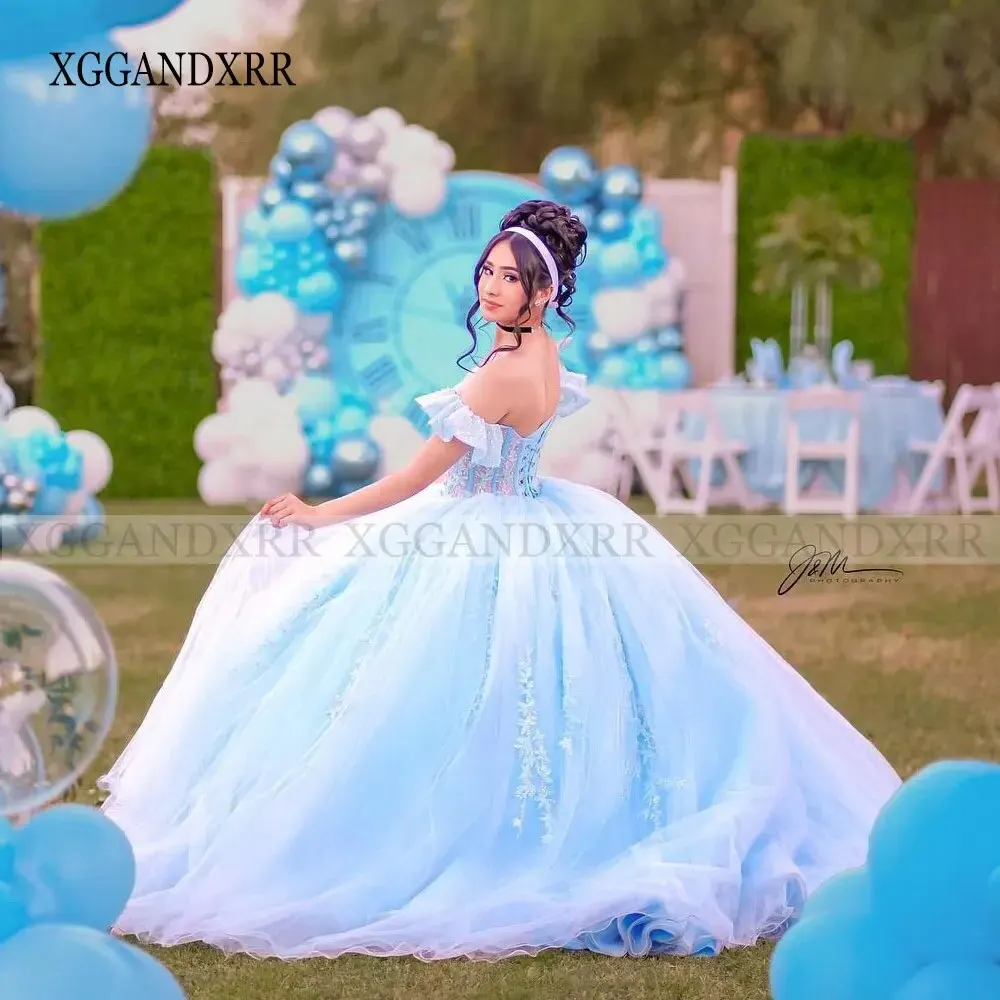 فستان Quinceanera باللون الأزرق السماوي 2024 المكسيكي 15 الأميرة الحلو 16 فستان فتاة سندريلا لعيد الميلاد مخصص