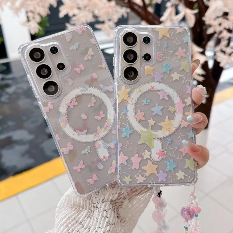 Color Star Cute Butterfly Magnetic Phone Case For Samsung Galaxy S26 Ultra S25 Plus S24 FE S23 Cover with Chain For Magsafe Capa
