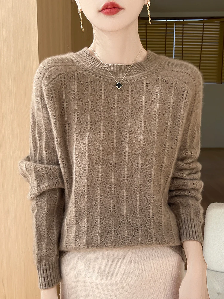 2024 Streetwear Women Cashmere Sweater 100% Merino Wool Knitted Hollow Pullover O-Neck Long-Sleeved Fashion Top  Autumn Winter