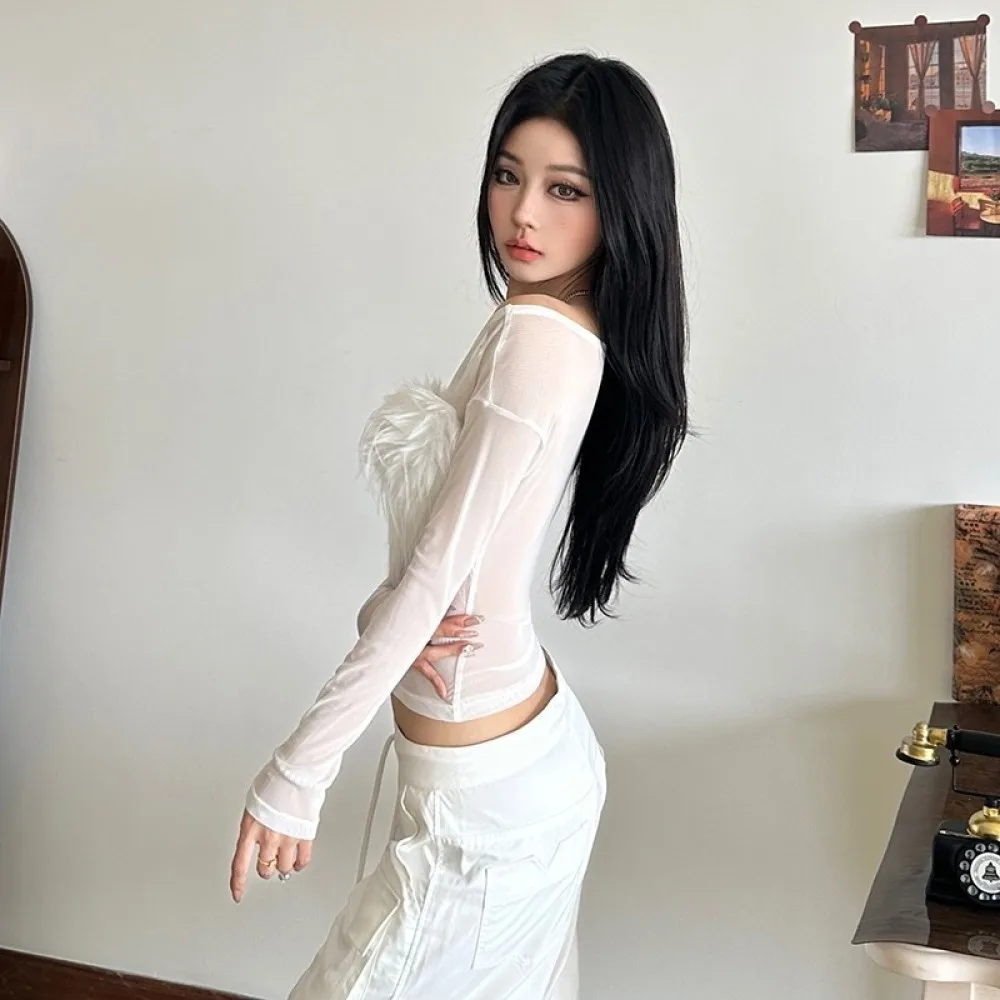 실큐 섹시 시스루 티셔츠 여성 레터 자수 퍼리 패치워크 U넥 긴팔 핫걸 스트릿 와일드 스타일 탑