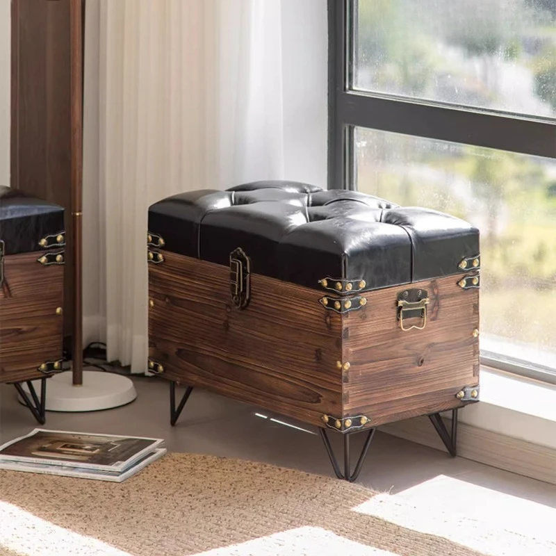 

‌Vintage Storage Ottoman, Solid Wood Leather Bench, Plush Upholstered Seat Stool, Extra Large Home Entryway Organizer