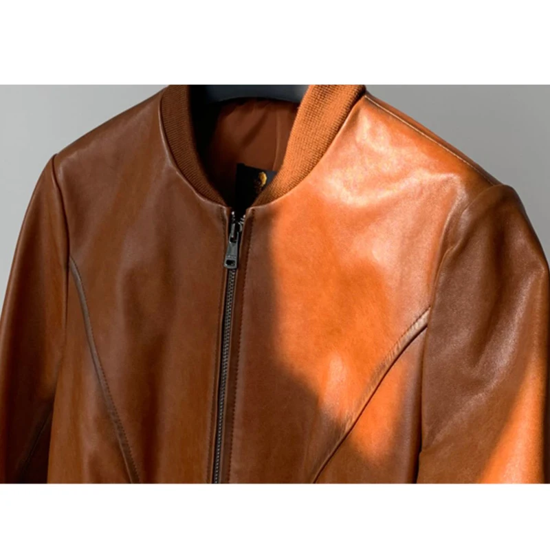 Giacca corta in pelle di pecora vintage in pelle cerata per donna Colletto alla coreana casual Manica lunga Cappotti da motociclista da moto in vera pelle sottile femminile