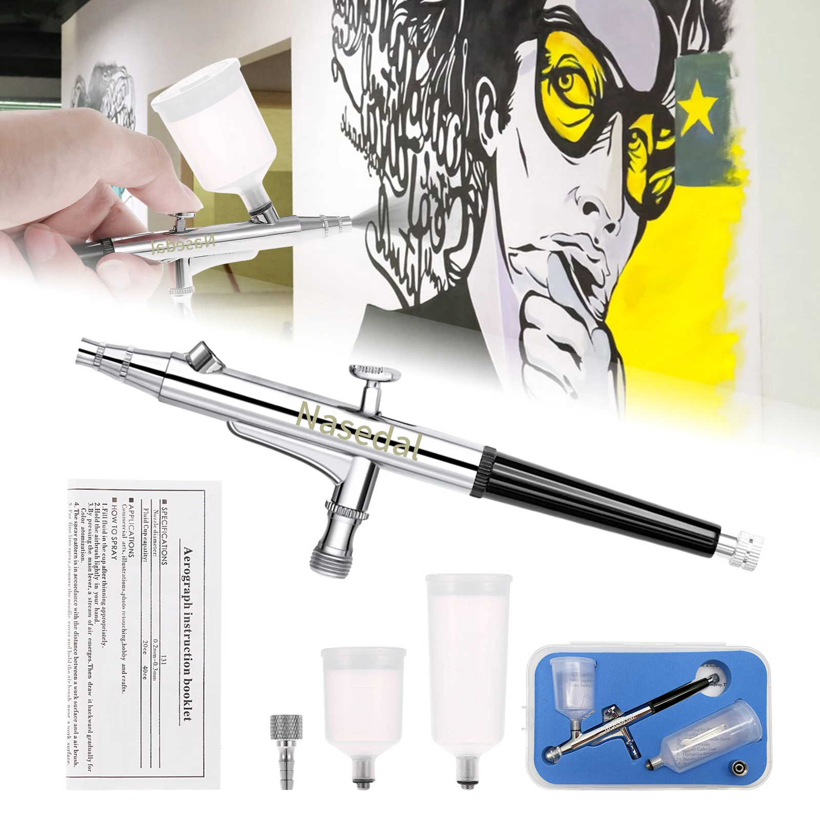 Nasedal Double Action Airbrush spray gun 20cc 40cc Gravity Feed Air Brush Cake Tattoo Nail Makeup Car Painting Tool 0.3mm