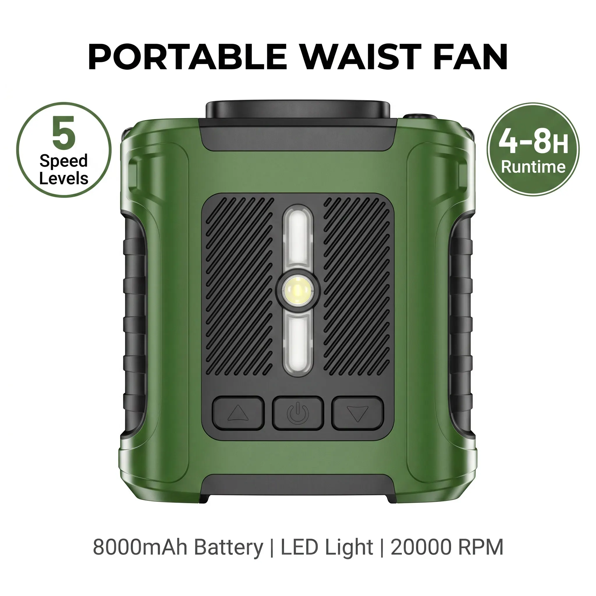 

Portable Waist Fan Rechargeable Belt Clip Fan with 5-Speed Settings Dual-Sided Clip on Wearable Belt Waist Fan 8000mAh LED Light for Camping Travel Jobsite