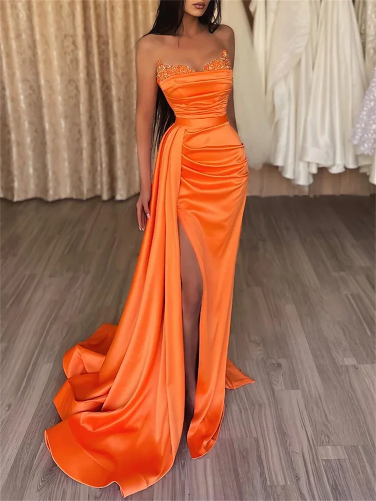 

Mermaid / Trumpet Evening Gown Sexy Dress Prom Court Train Sleeveless Strapless Satin with Slit Pure Color Elegant Party Dresses