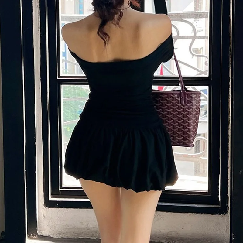 Sukienka mini z dzianiny patchworkowej na jesień 2025, damska, dopasowana, z odkrytymi ramionami, długi rękaw, kontrastowa, elegancka sukienka na imprezę, damska sukienka bez pleców.