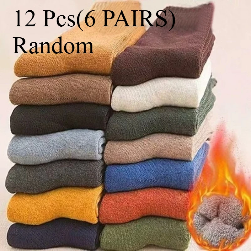 6 Pairs Men's Warm Winter Socks, Thick Fleece-Lined Crew Socks in Random Colors, Cozy Thermal Socks for Cold Weather, Essential