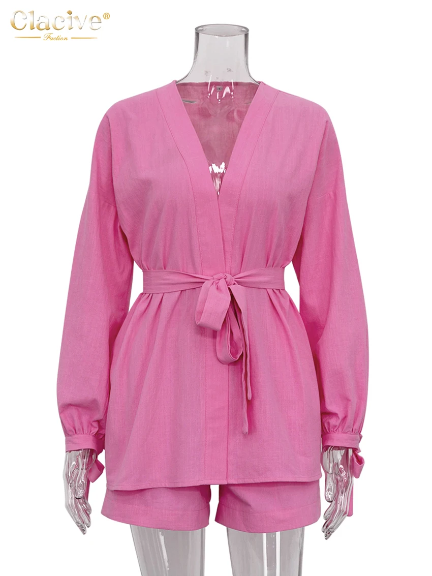 Clacive Autumn Lace-Up Robes Tops Two Pieces Set Womens Casual Loose High Wiast Shorts Set Elegant Pink Home Suit With Shorts