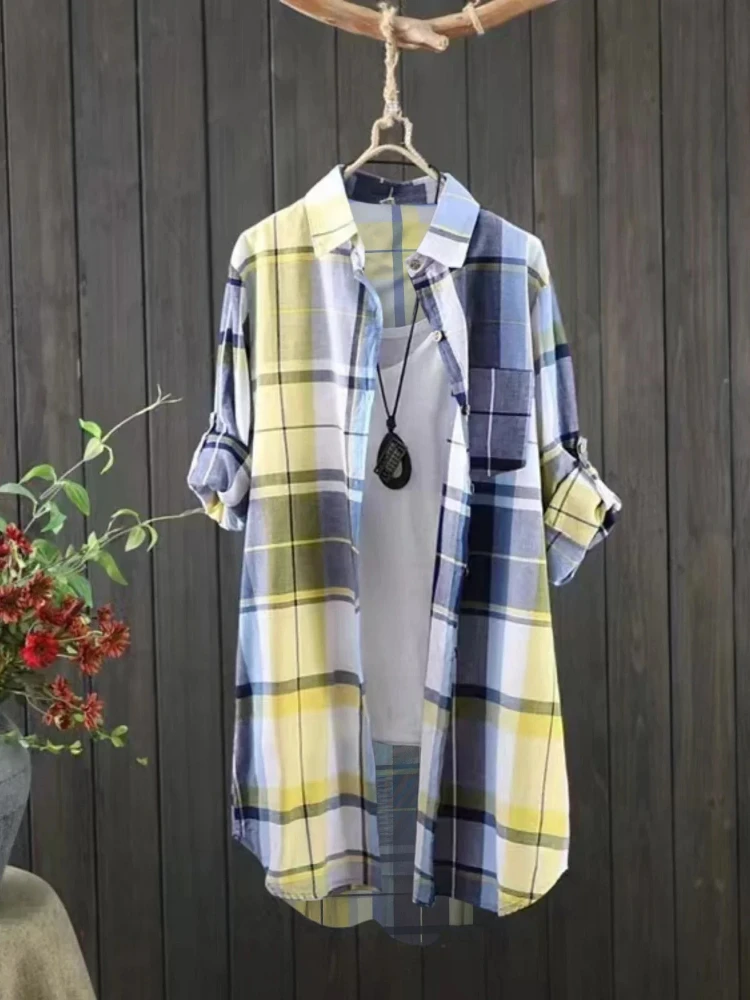 Plus Size Women's Shirt 2025 Korean Style of Casual Fashion Single-breasted Sunscreen Blouse Lapel Square Plaid Top Long Sleeve