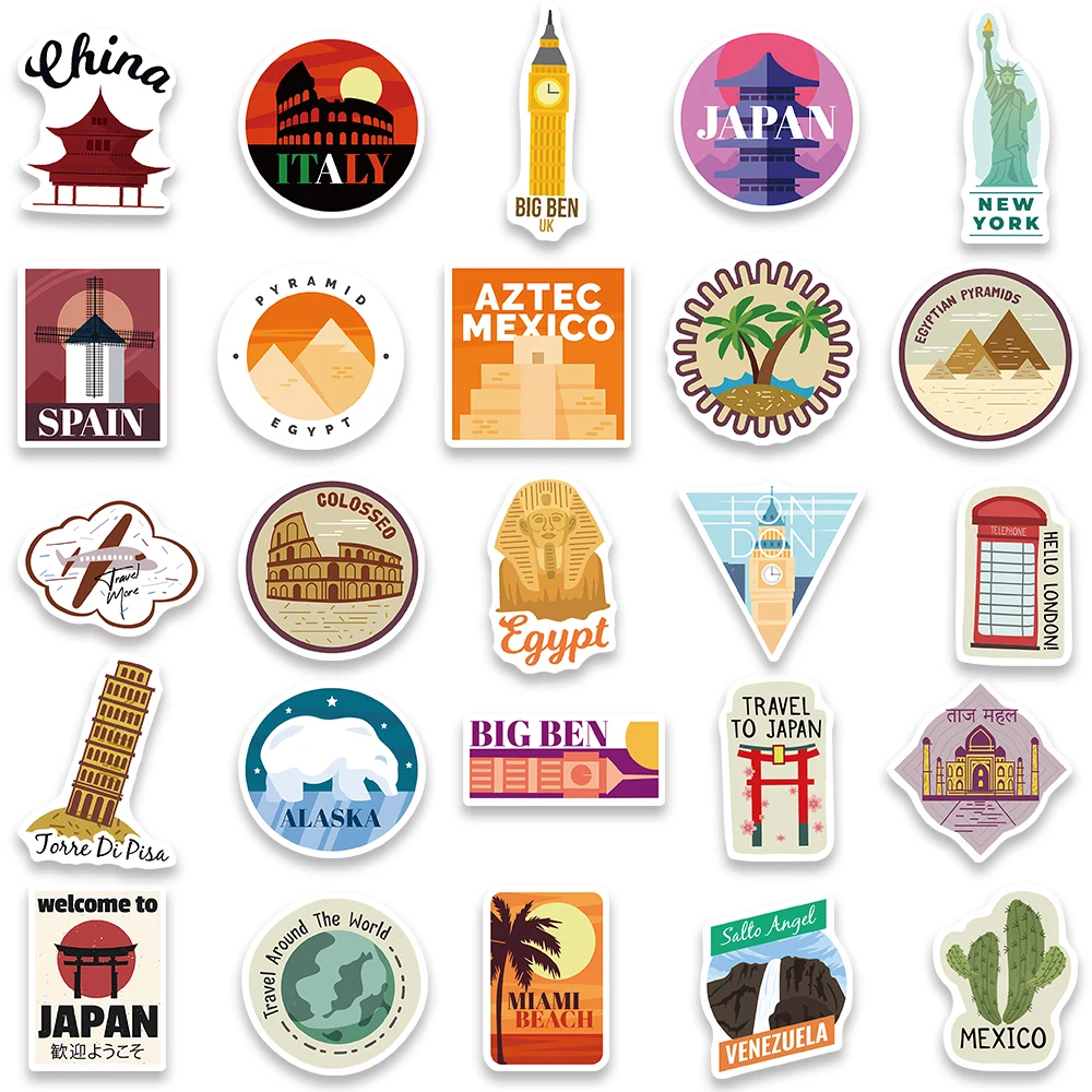 50Pcs World Landscape Country City Vinyl Waterproof Stickers for Water Bottle Laptop Skateboard Scrapbook Luggage Kids Toy