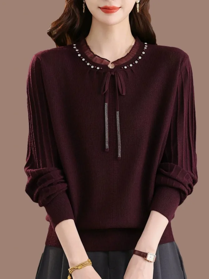 Ouleブランド レディース カメレセーター レース編みウールトップ ベルト付き カジュアル スタイリッシュ ソフト ラビットファーブレンド ロングスリーブ 暖かい