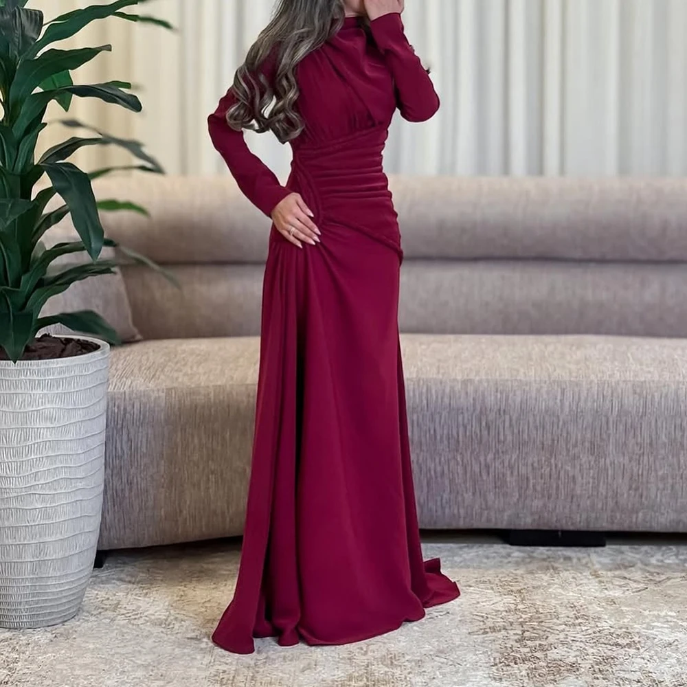 

Customized Mermaid Evening Dresses Floor-length High-neck Full Sleeve Prom Gown Simple Fashion Draped Pleat Casual Party Gown