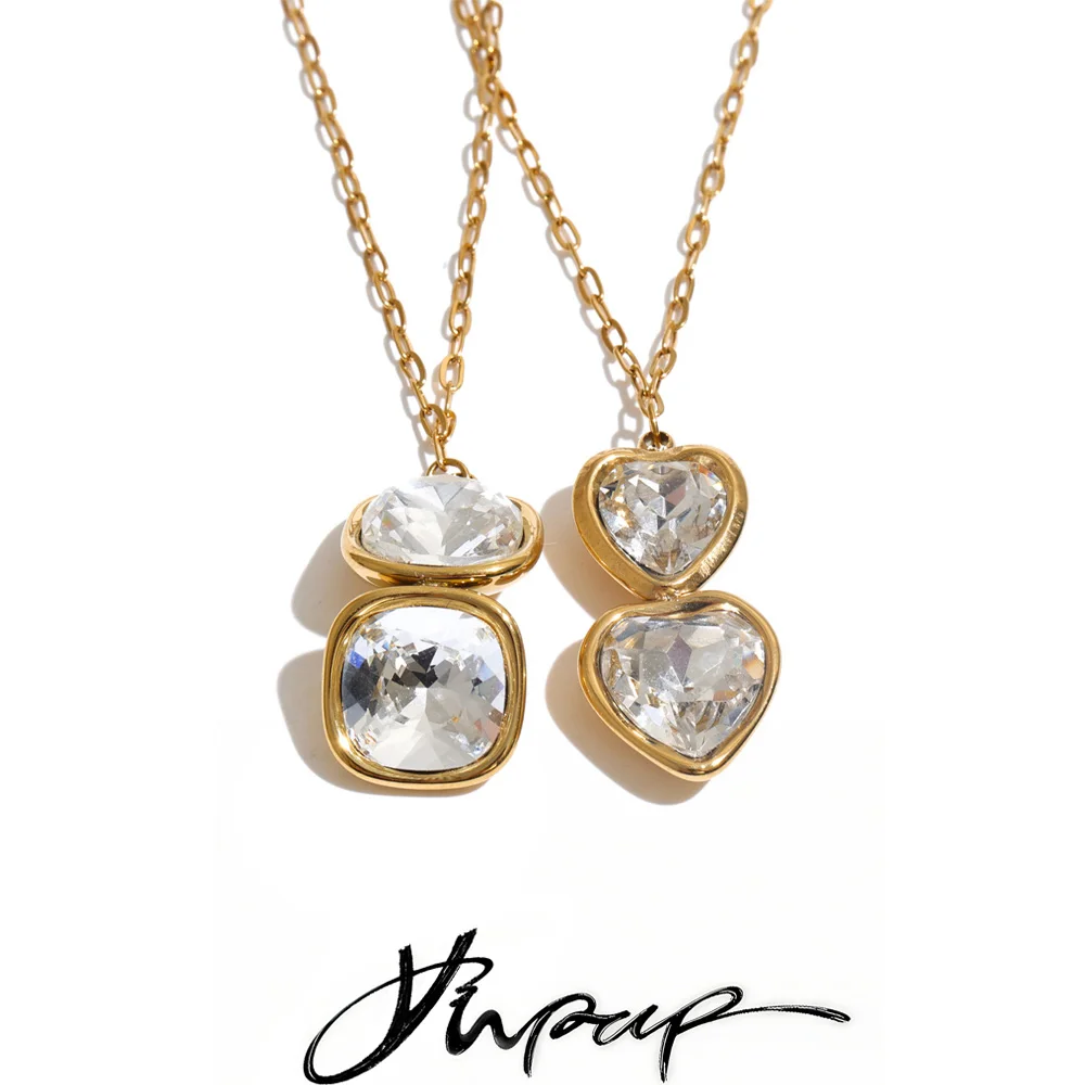Yhpup Stainless Steel Necklace Pendant Dual Heart Square Crystal Charm Shiny Collar Jewelry Waterproof Neckwear Supply