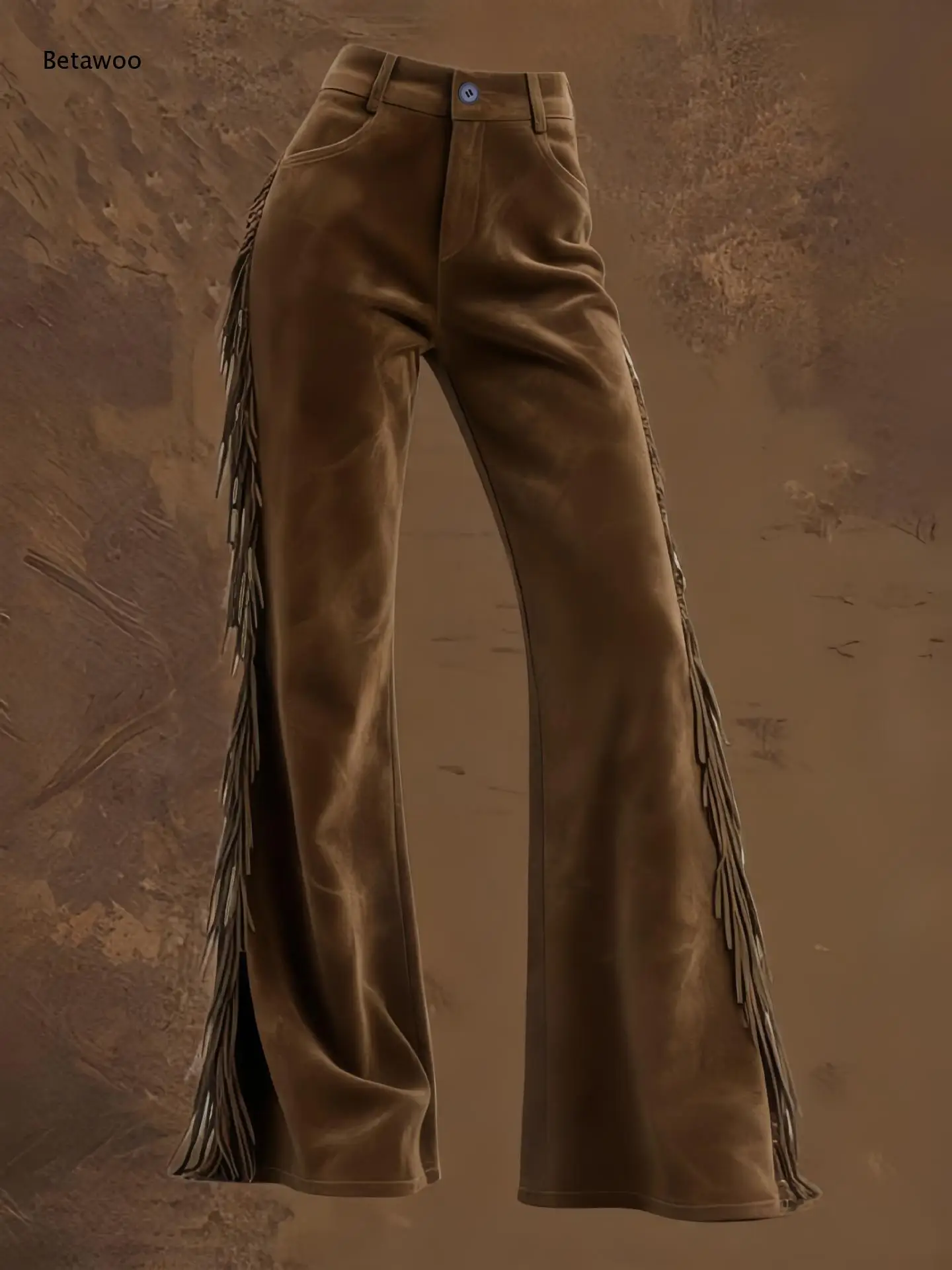 Retro Cowgirl Style Mid Waisted Flared Pants Ladies Side Fringe Detail Faux Suede Wide Leg Trousers Bohemian Streetwear