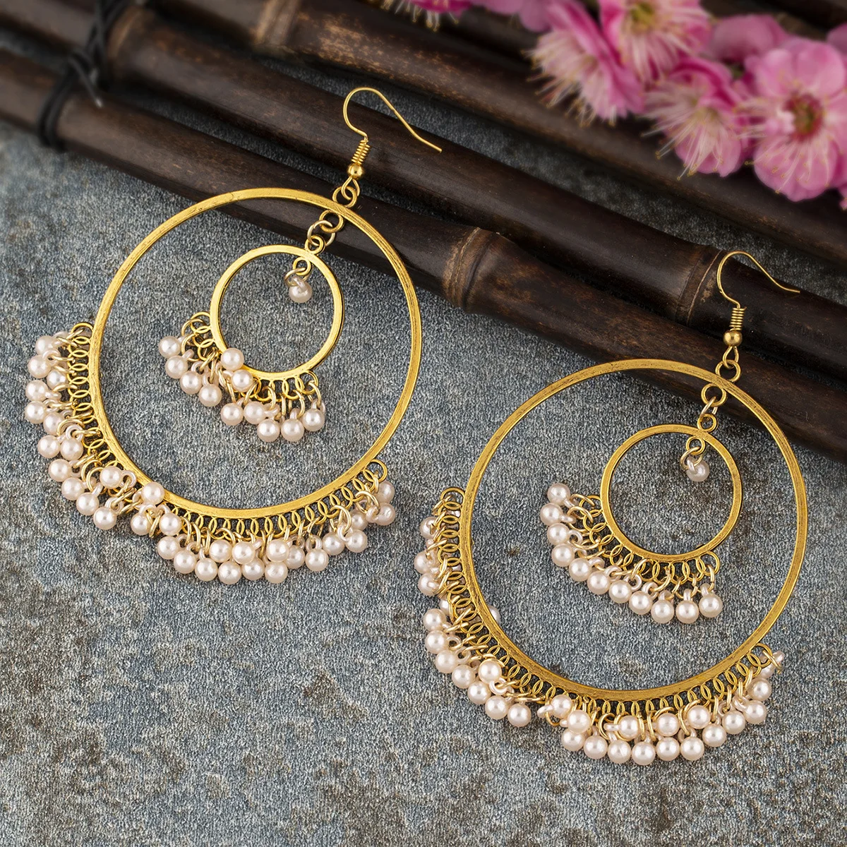 Big exaggerated double garden shape pearl earrings Xiaomi beads ethnic bohemian earrings Exotic earrings Women