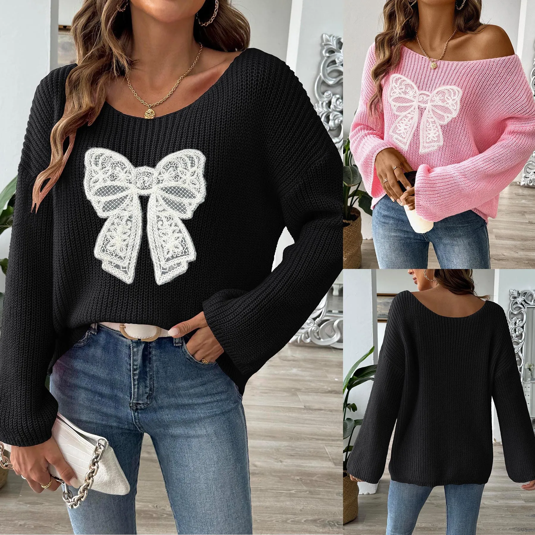 

Sweater Women Pullover Knitting Top Embroidery Bow Flare Sleeve Knitwear Office Lady Knitted Tops 2025 Autumn Winter Jumper