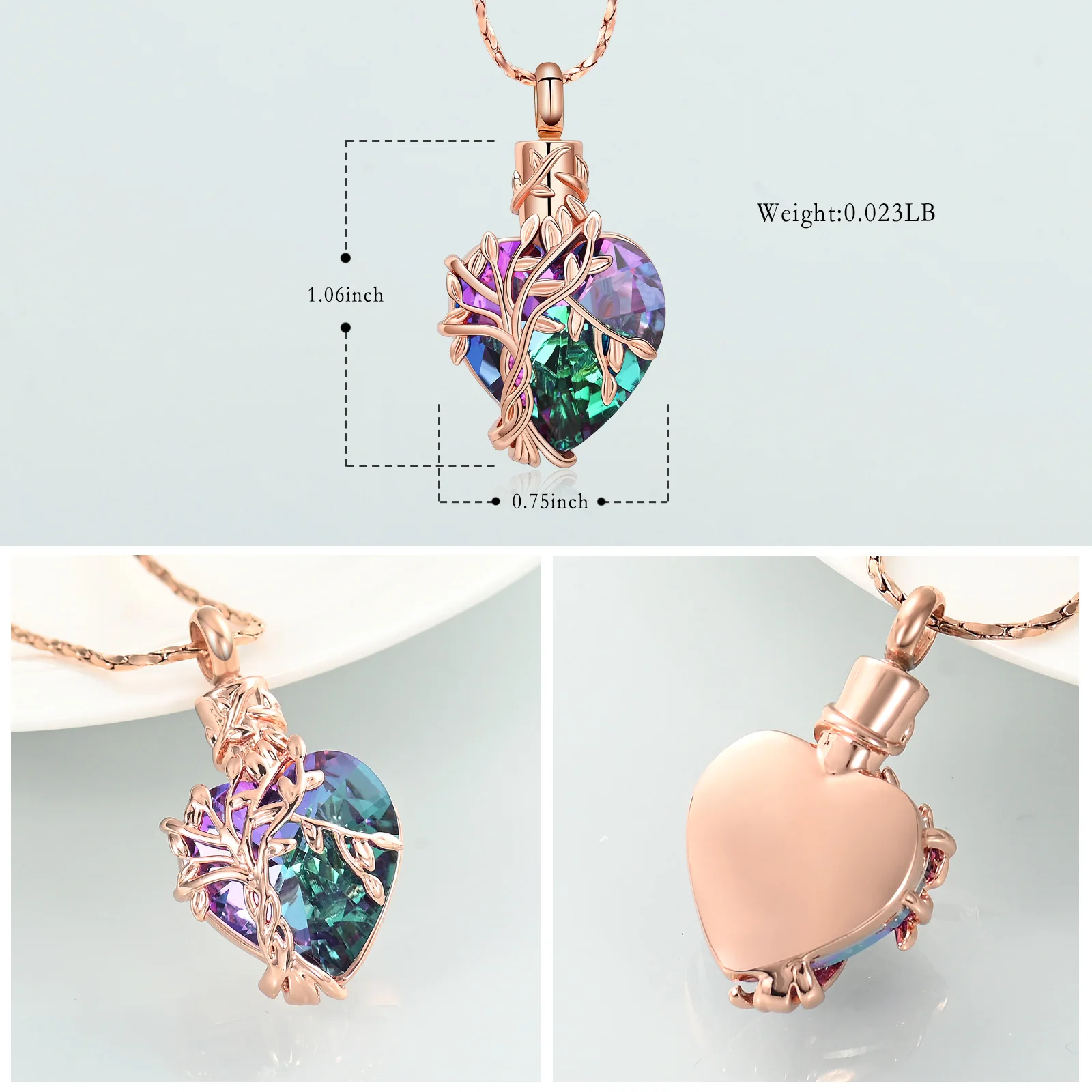 Urn Necklace With Gradient Crystal Pendant Heart Shape Carve Tree Openable&Customized Stainless Steel Ashes Holder Keepsake