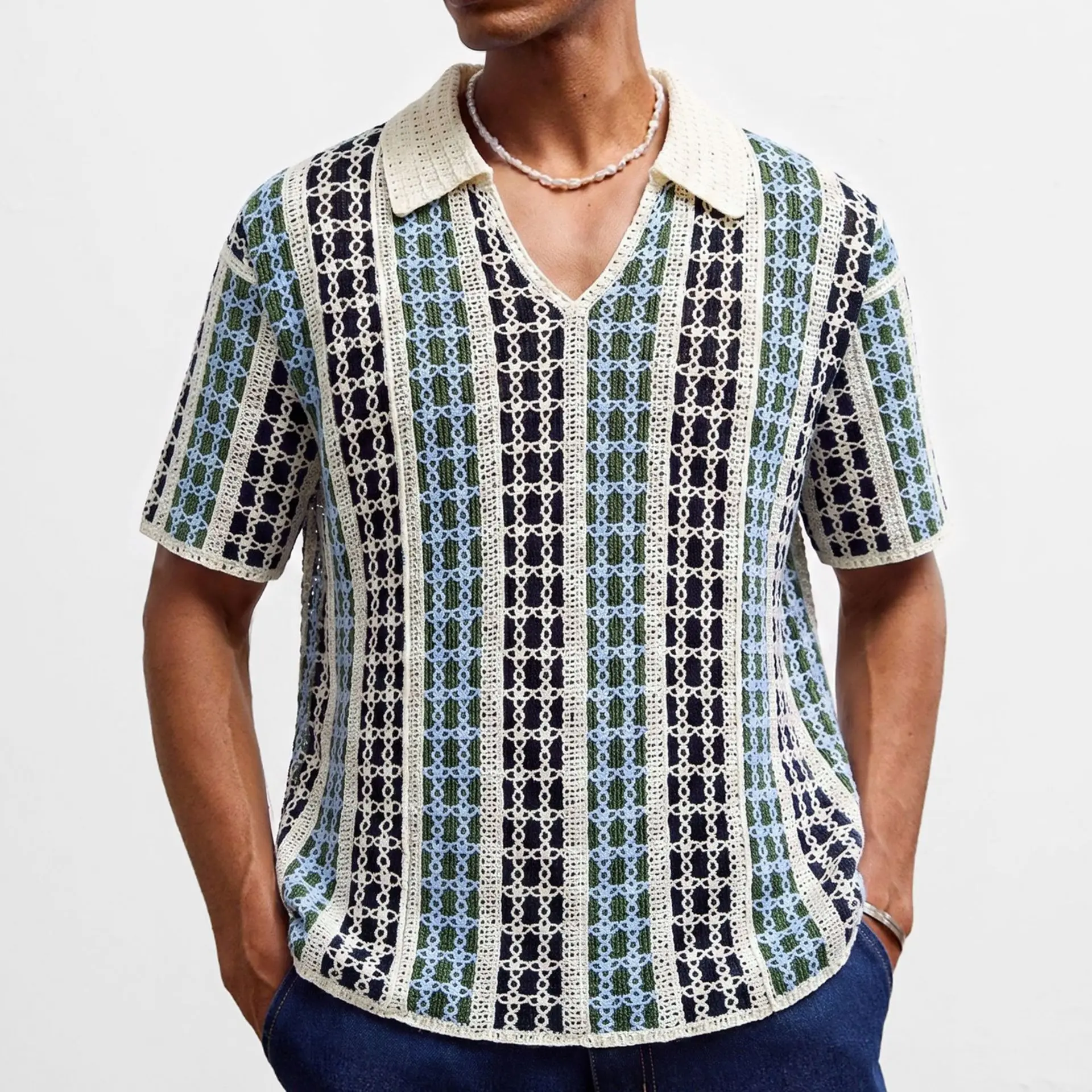 Men's European and American heavy industry striped crochet polo shirt casual style loose shoulder jacquard top knitted sweater