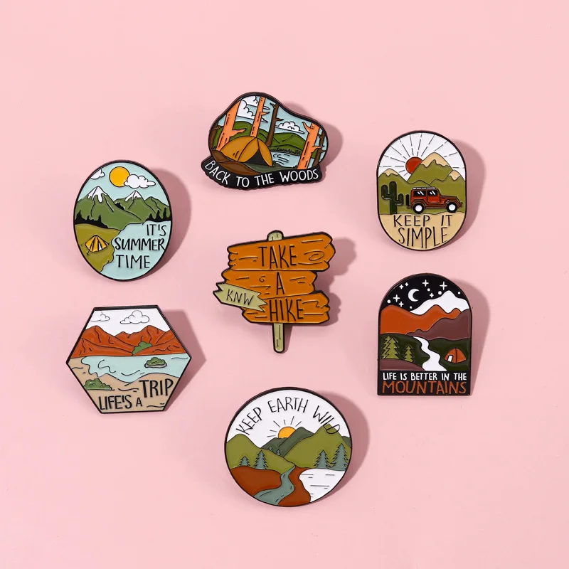 Creative Outdoor Camping Enamel Brooch Campfire Map Landscape Metal Badge Punk Architecture Lapel Pins Jewelry Gifts For Friends