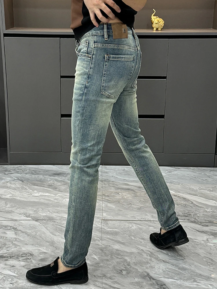 

Мужские прямые джинсы, облегающие повседневные зимние модные простые длинные брюки с высокой талией, молодежные длинные брюки с металлическими украшениями на молнии