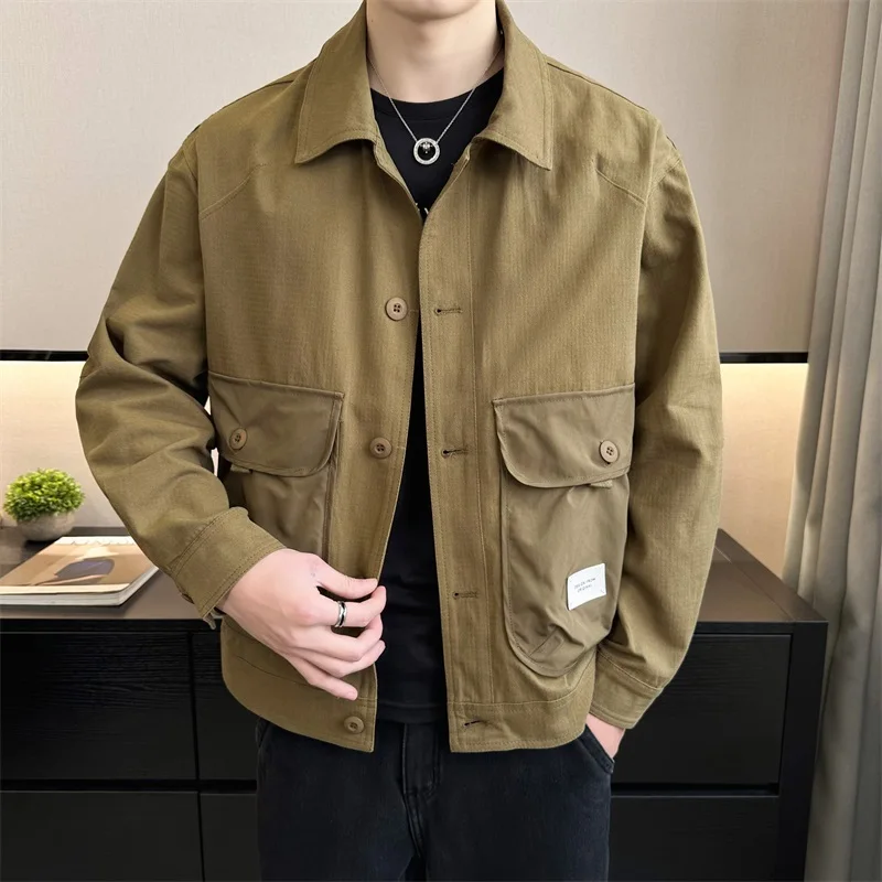 

Men's Casual Retro Big Pocket Streetwear Fashion Bomber Coat Short Tooling Work Cargo Jacket for Men Spring Autumn Outerwear