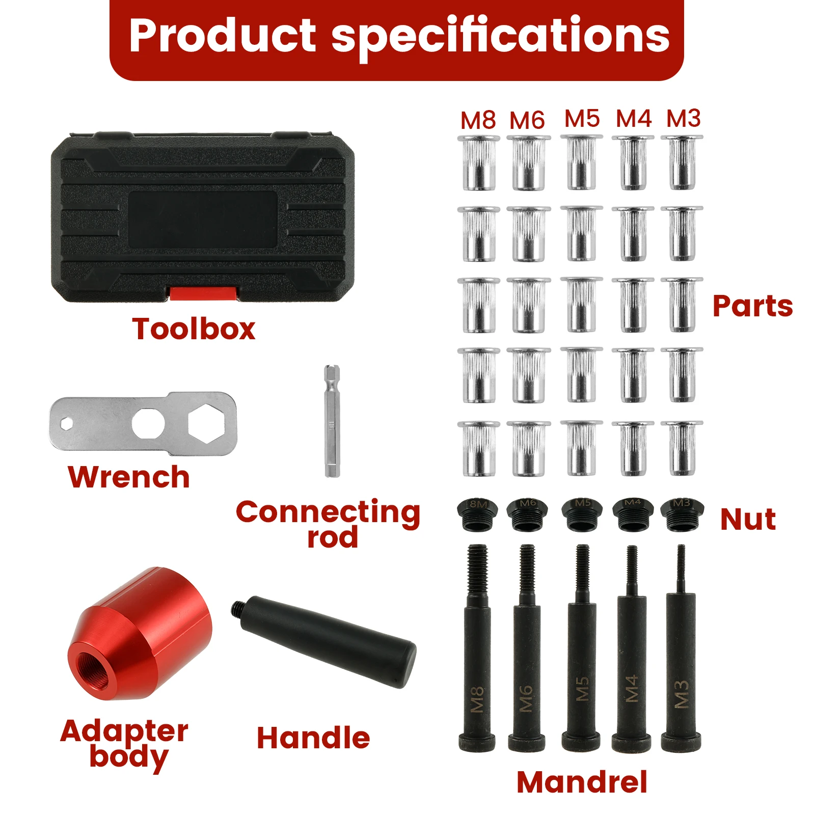 Rivet Nut Drill Adapter Tool Kit Alloy Steel Rivet Nut Tool Adapter Set with 25 Assorted Rivet Nuts and 5 Mandrels Professional