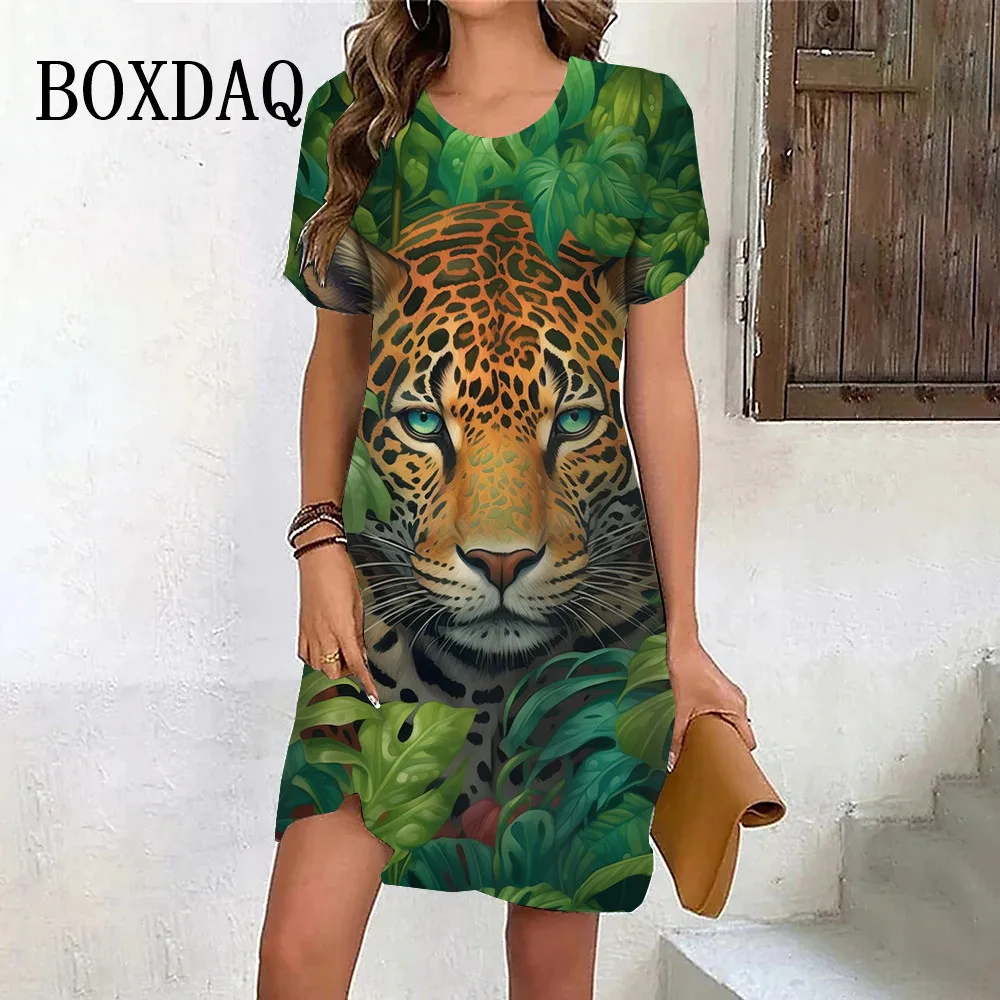 Tiger Graphic Dresses For Women Casual 3D Print Vintage Dress Female Fashion Short Sleeve Plus Size Dress 2024 Summer Clothes