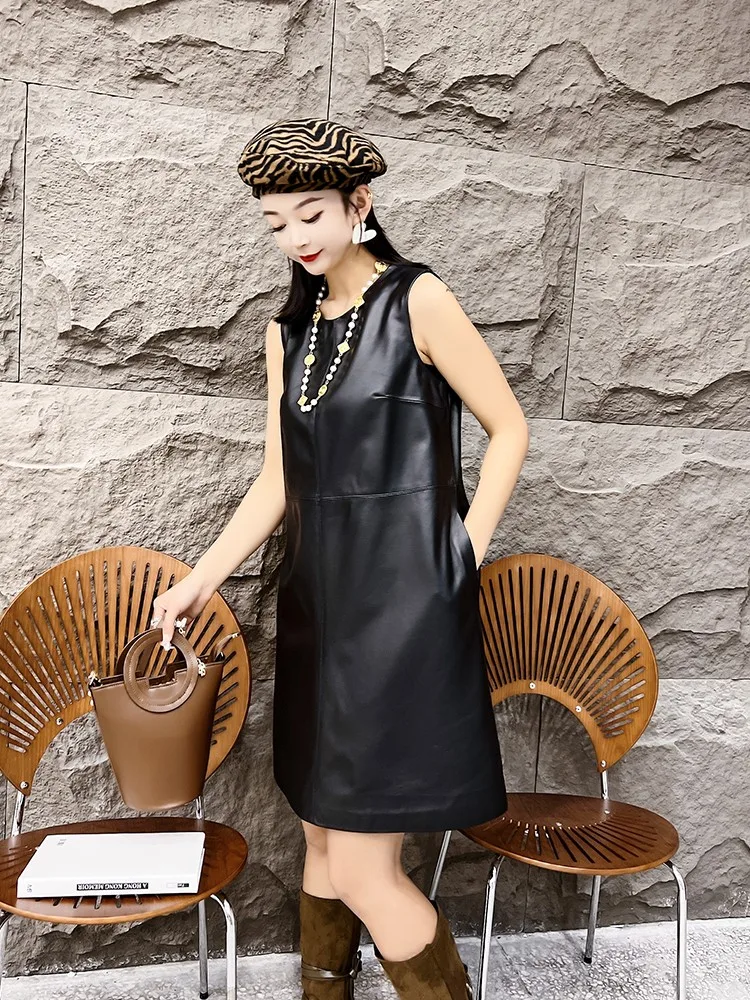 Women Casual A-Line Genuine Leather Dress Summer Sleeveless Loose Fit Natural Sheepskin Tank Dress O-Neck Female Short Dresses