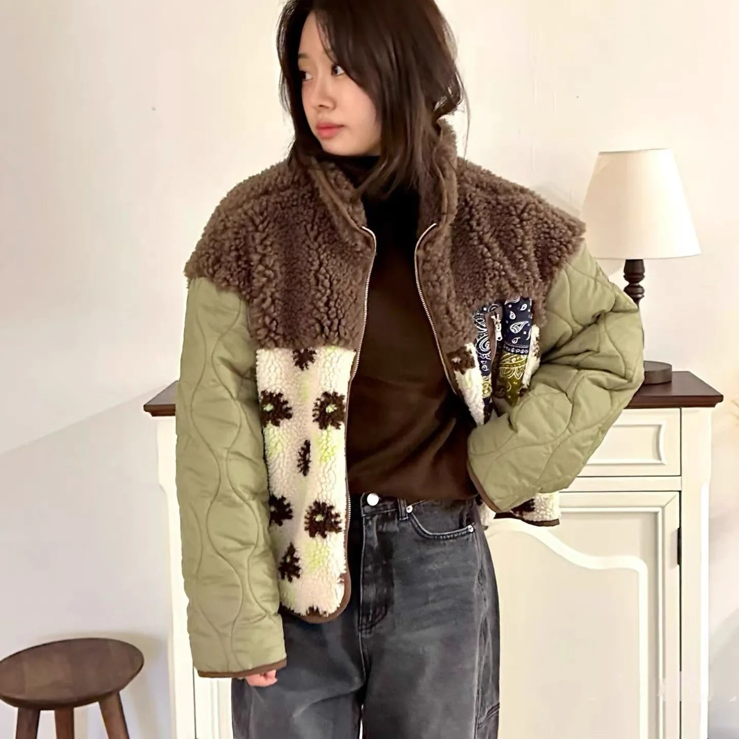 

Women's Thiened Cotton Jaet Outerwear Chic Winter New Sle Versatile Unique Design Faionable Mosaic Warm Top