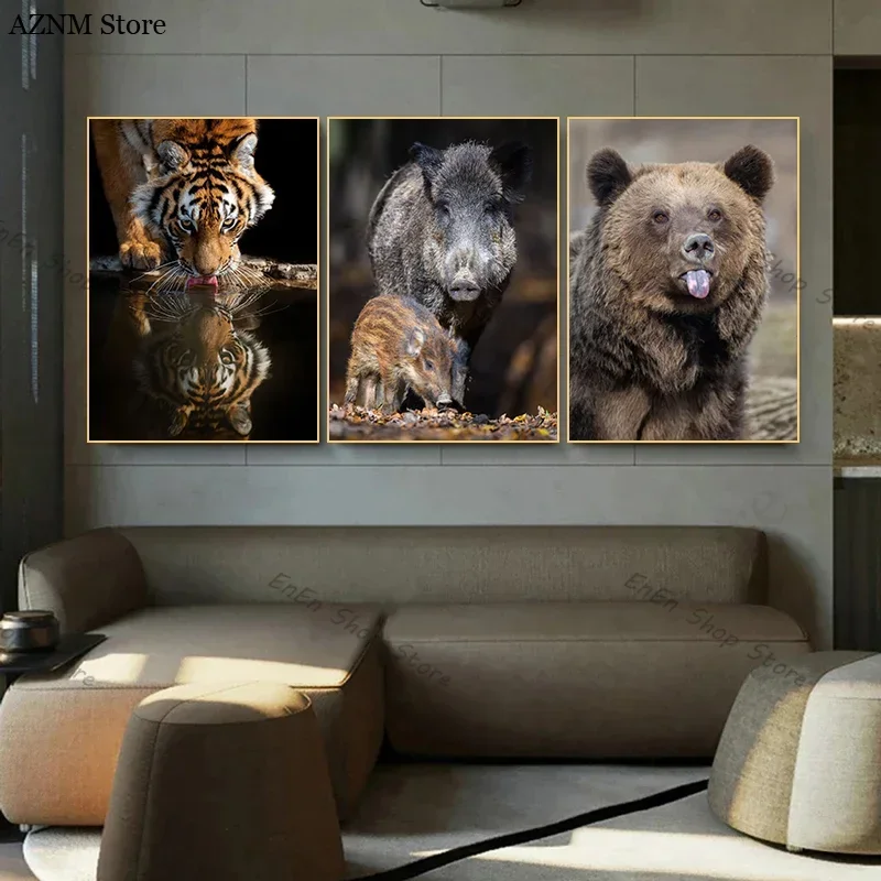 Wild Animal Posters Tiger Brown Bear Bison Wild Boar Canvas Painting and Prints Wall Art Pictures Living Room Home Hallway De