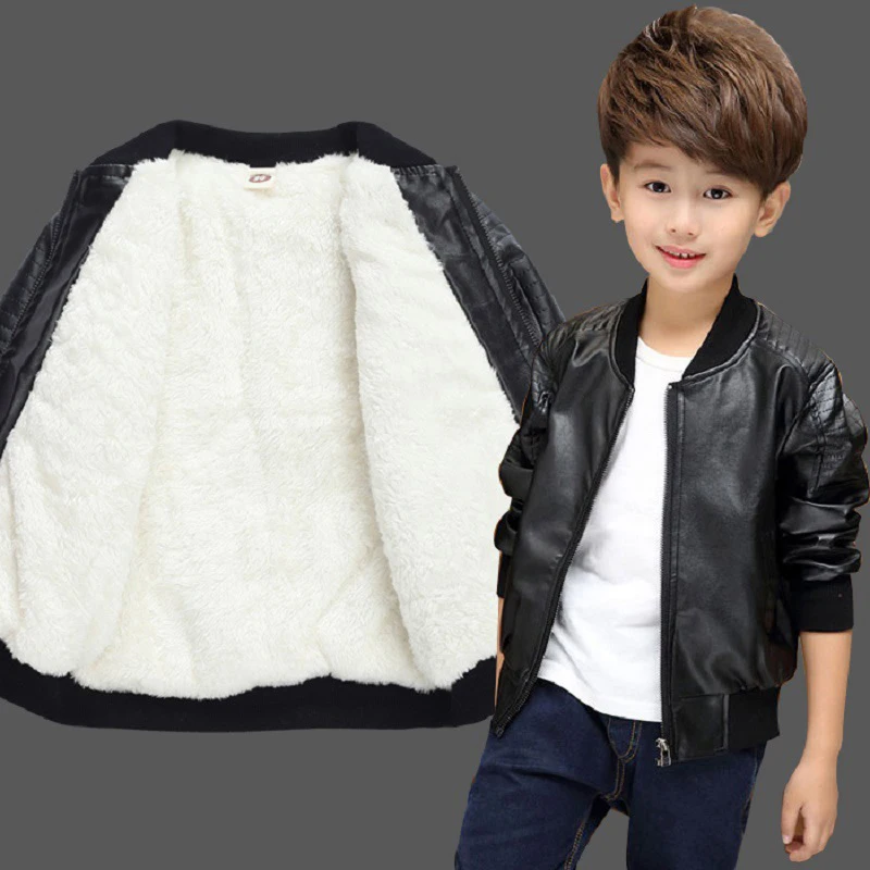 2 4 6 8 10 12 13 Years Big Boys Coat Autumn Winter Plus Velvet Warm Teen Kids Leather Jacket Fashion Waterproof Children Outwear