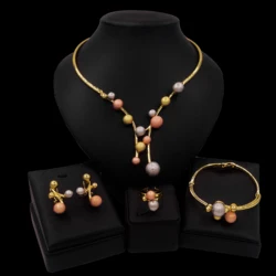 3tone Jewelry Set Women's Necklace Earrings Bracelet Ring Gift Daily Use Complete Set