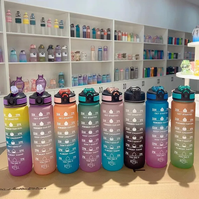 1000 ml Sportwasserflasche, hochtemperaturbeständig, abgestuft, Strohhalmbecher, Regenbogen, mattiert, progressive Farbe, Wasserbecher