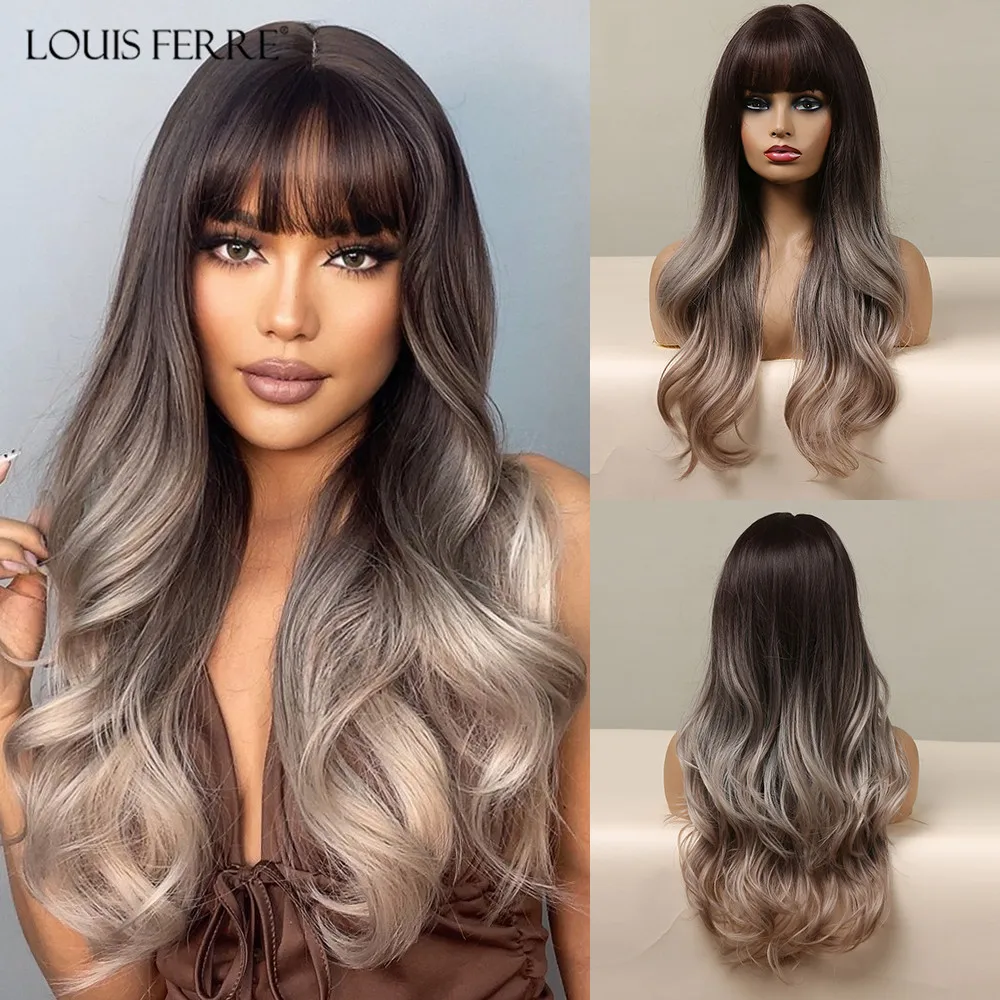 LOUIS FERRE Ombre Brown Ash Blonde Synthetic Wig for Women Long Layered Wavy Wigs with Bangs Daily Costume Heat Resistant Hair