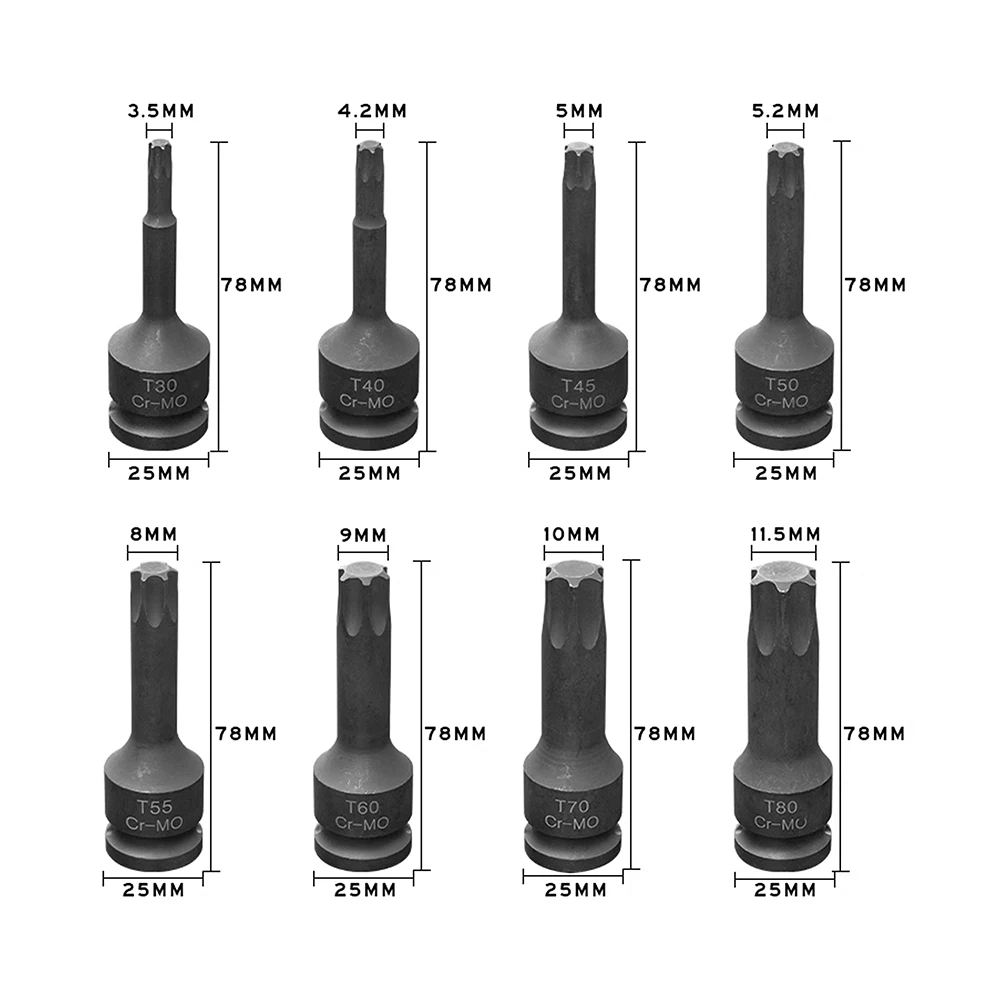 8pcs Pneumatic Wrench Hexagonal Drive Bits Kit T30 T40 T45 T50 T55 T60 T70 T80 Driver Drill Bit Tools Set For Ratchet Wrench